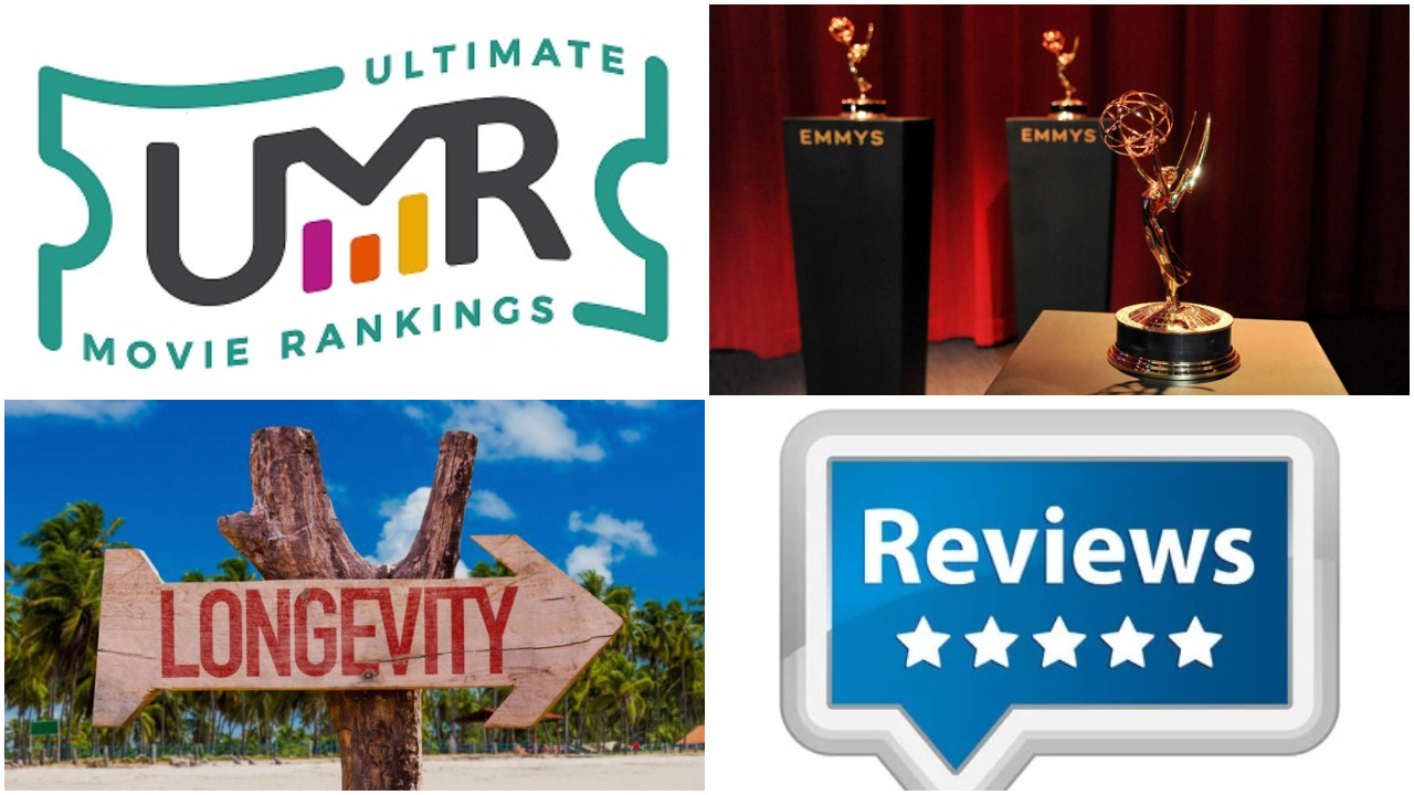 Three main parts of our rankings. Ratings/years on air, reviews and awards.
